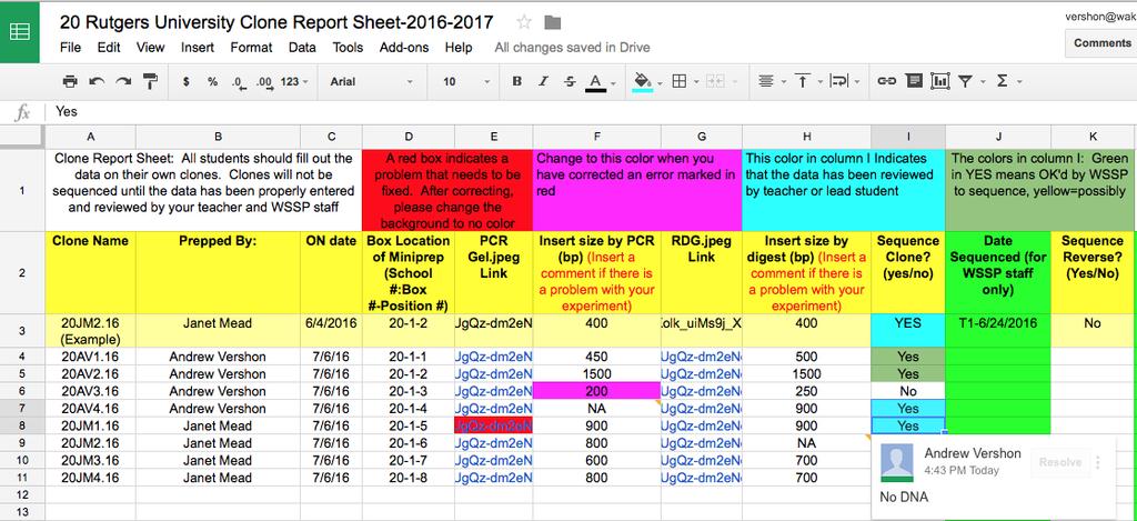 4. Enter your calculation of the fragment size into Column H of your school s Google Docs Clone Report sheet.