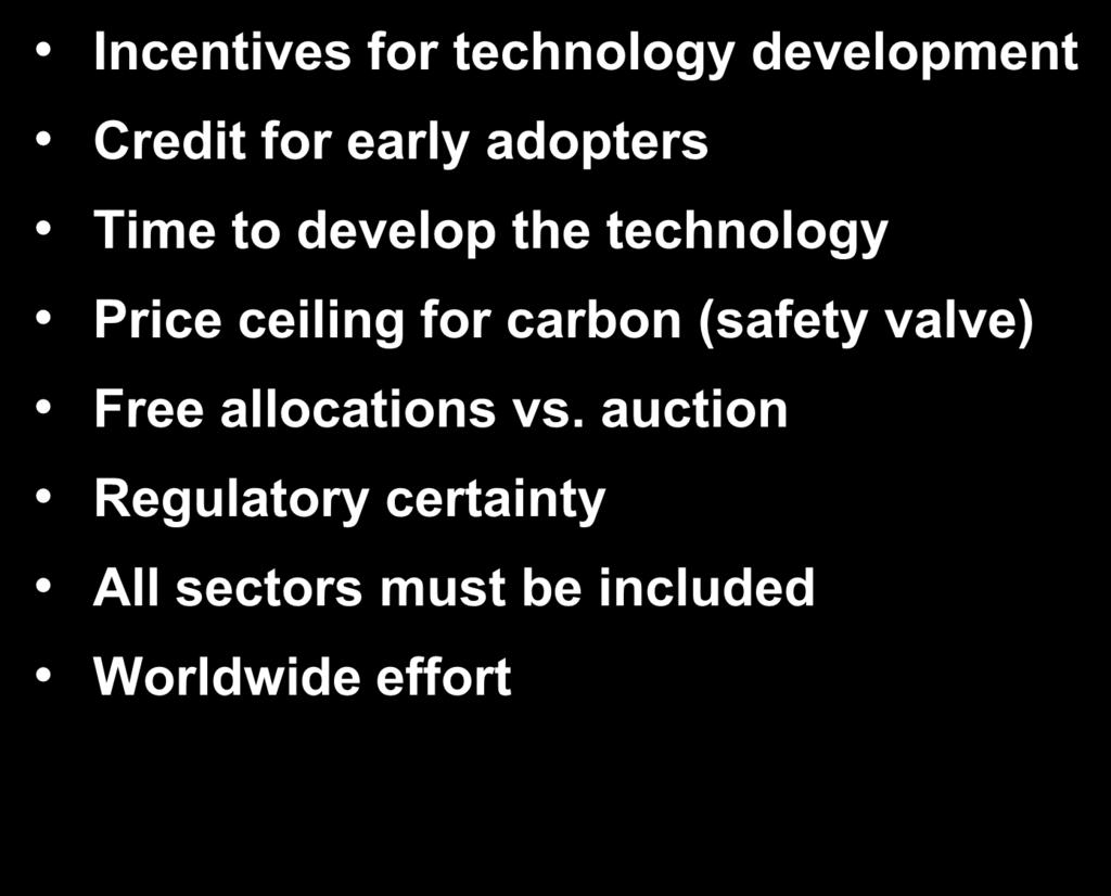 Key Elements in Legislation Incentives for technology development Credit for early adopters Time to develop the technology Price