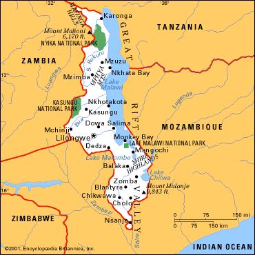 MALAWI MAP SHOWING NEIBOURING