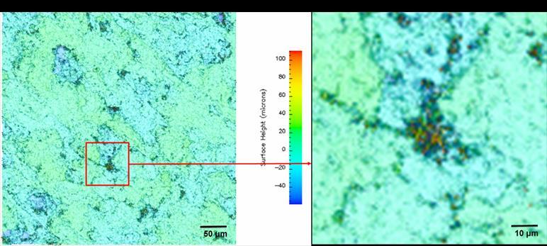 Figure 2.13: An example of topography image using the laser confocal microscopy. Figure 2.14: Example of a plot of pad surface height probability density function (PDF).