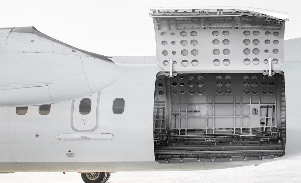 Large cargo door. The Q300 large cargo door configuration will feature a large 110-by-73-inch cargo door on the left side of the plane, providing easy loading clear of the wings.