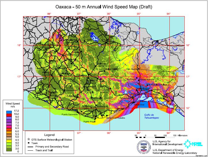 Wind Potential in Oaxaca The state of Oaxaca has an estimated wind potential of over 10,000 MW Average wind velocity is above 15 m/s (An average of