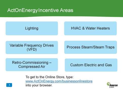 Now I ll tell you a little about the ActOnEnergy Program. Ameren Illinois ActOnEnergy program offers financial incentives to customers to be more energy-efficient.