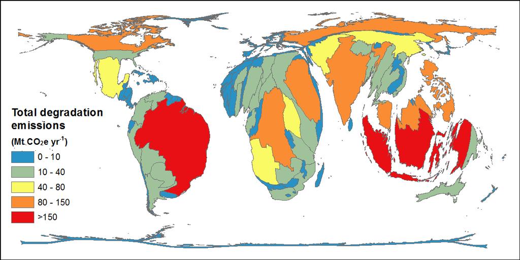 Figure 5. Global map showing country sizes proportional to total degradation emissions (Mt CO 2e yr -1 ).