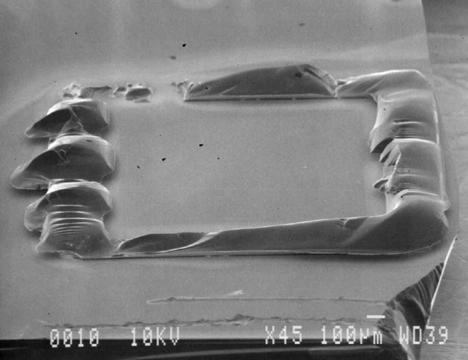 8: (a) The SEM photograph of encapsulated Pirani gauge after the silicon cap is forcefully broken away.