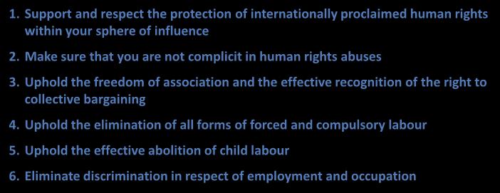 Uphold the freedom of association and the effective recognition of the right to collective bargaining 4. Uphold the elimination of all forms of forced and compulsory labour 5.