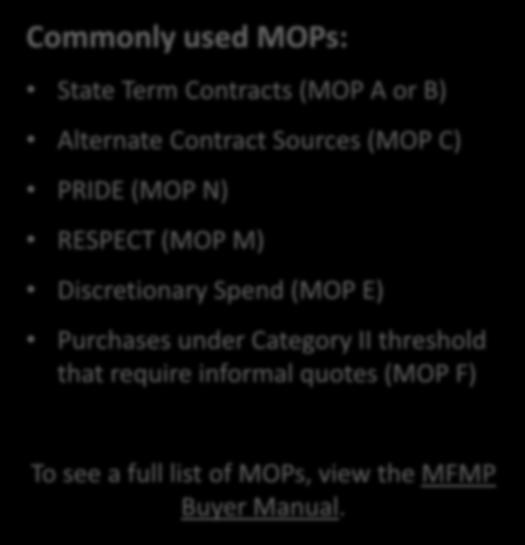 Method of Procurement Commonly used MOPs: State Term Contracts (MOP A or B) Alternate Contract Sources (MOP C) PRIDE (MOP N) RESPECT (MOP M)