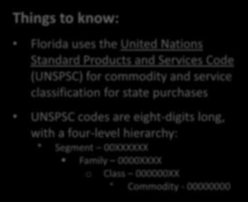 Commodity Codes Things to know: Florida uses the United Nations Standard Products and Services Code (UNSPSC) for commodity and service classification for state purchases UNSPSC codes are eight-digits