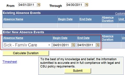 4. In the Enter New Absence Events section, Select the appropriate absence take from the Absence Name dropdown menu.