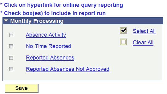 5. Add a New Value a. Click the Add a New Value tab. 6. In the Run Control ID box, enter a name for your report, such as Absence Activity Click the button. 7. The Multi Reports page appears.