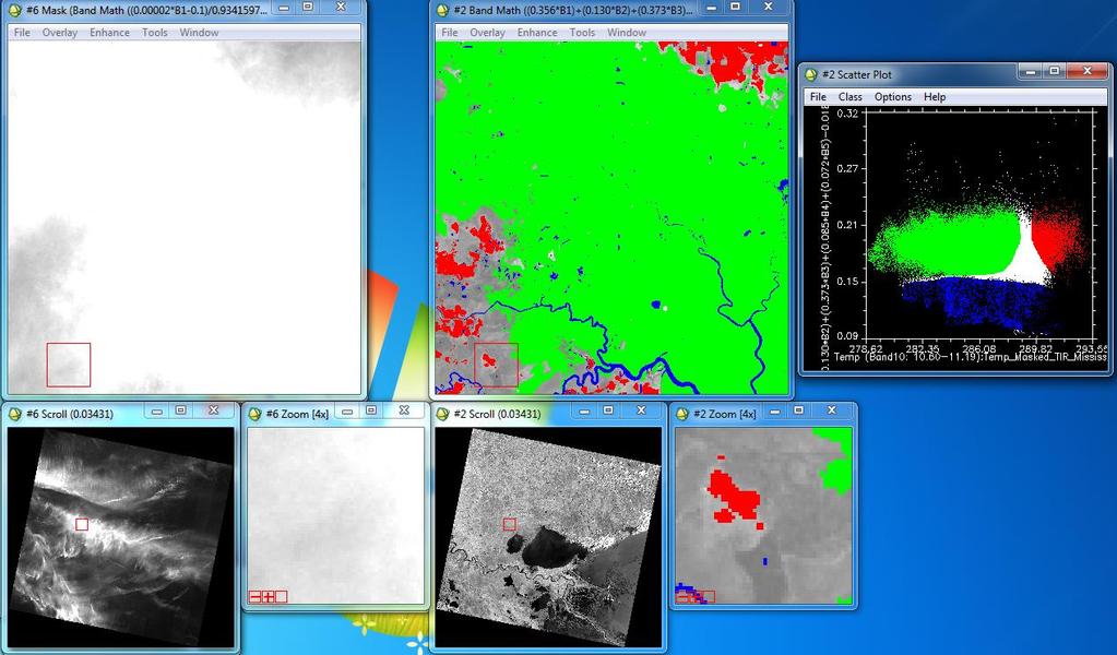 Cirrus Clouds over Land Left: Cirrus Band Middle: Classified Image Right: Scatter Plot