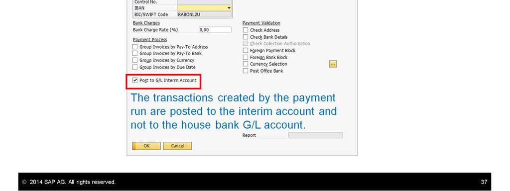 In the Payment Method Setup window, select the Post to G/L Interim Account box to record the transaction created by the payment to the G/L interim account and not