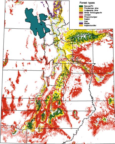 Figure 3 General distribution of major forest types in Utah,