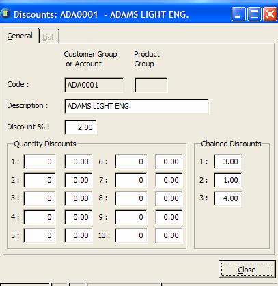 Discounts Chained Line Discount This is created by specifying line discount percentages in the first line of the Discount % field and in the Chained column.
