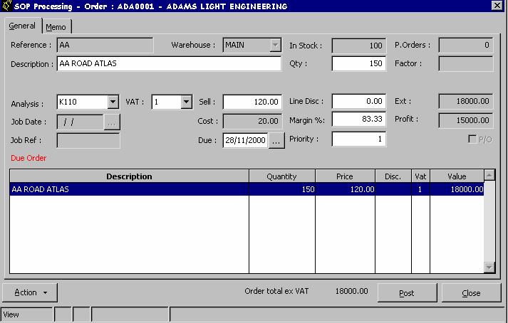 Should the Free Stock quantity be less than the document quantity, the detail screen of the sales order will display a flag showing that the order line has had stock partly allocated to it.