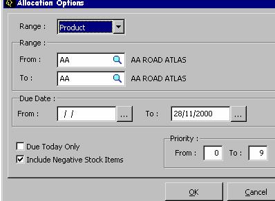 Allocating Stock to Sales Orders The Allocations Routine When the Allocations function is selected, the system will prompt the user to select from a range of criteria: Range Select one of the