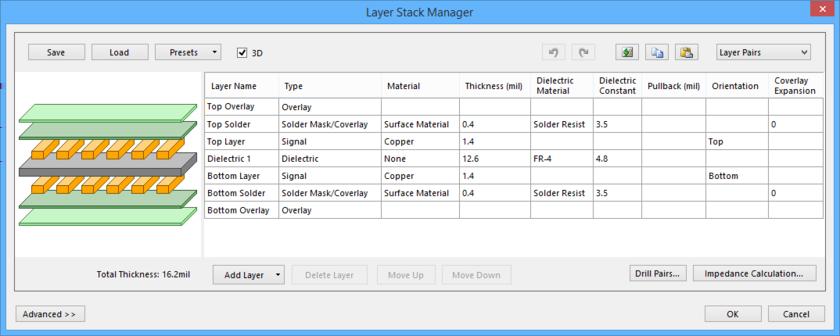 Layer stack management is performed in the Layer Stack Manager dialog. The default single stack for a new board is shown.