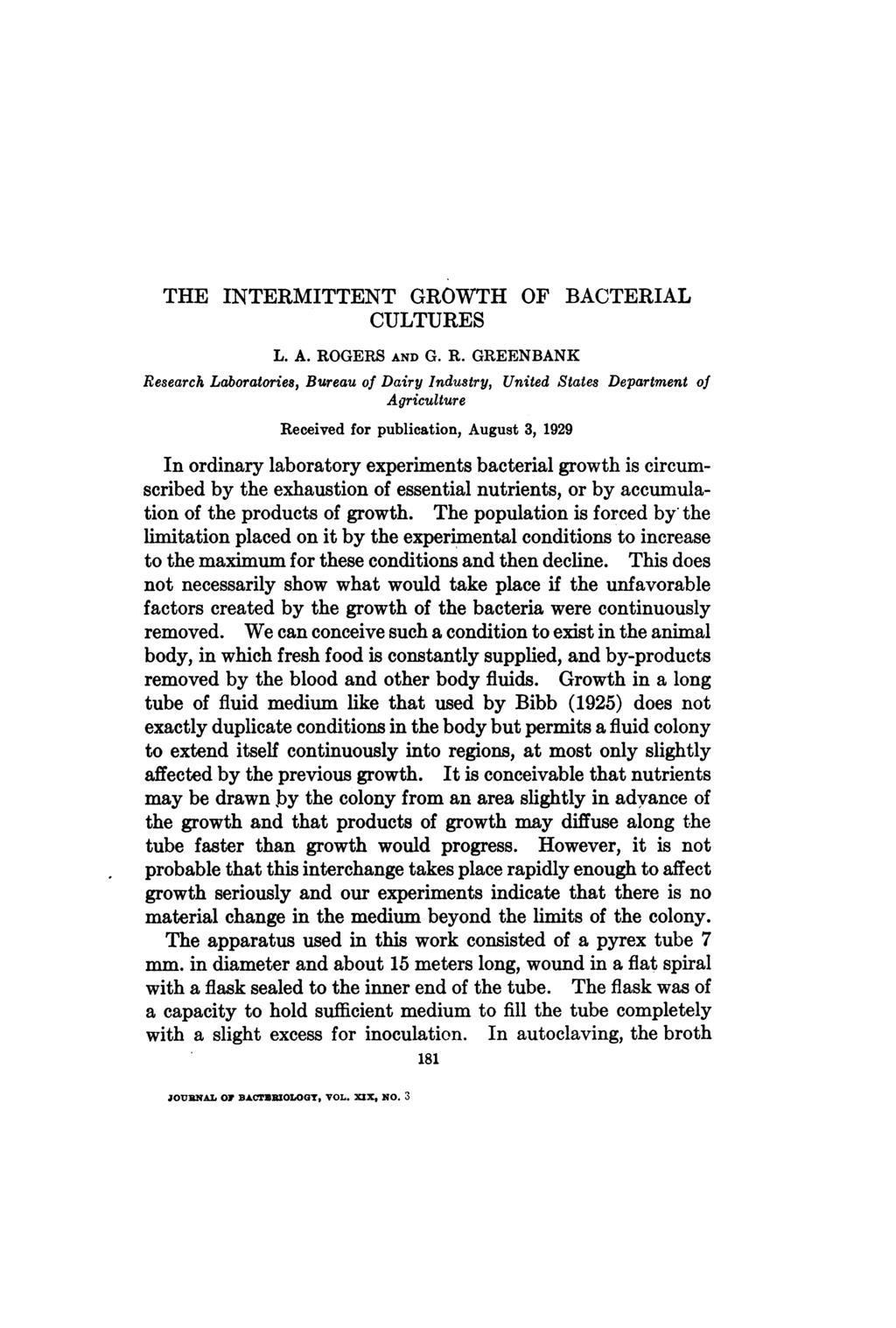 THE INTERMITTENT GROWTH OF BACTERIAL CULTURES Re-search Laboratories, Bureau of Dairy Industry, United States Department of Agriculture Received for publication, August 3, 1929 In ordinary laboratory