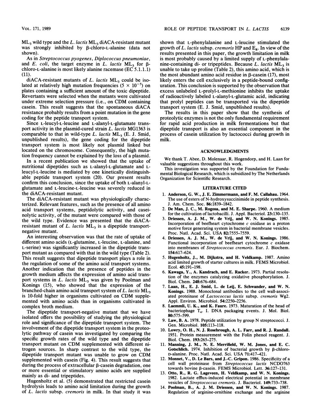 VOL. 171, 1989 ML3 wild type and the L. lactis ML3 diaca-resistant mutant was strongly inhibited by P-chloro-L-alanine (data not shown). As in Streptococcus pyogenes, Diplococcus pneumoniae, and.