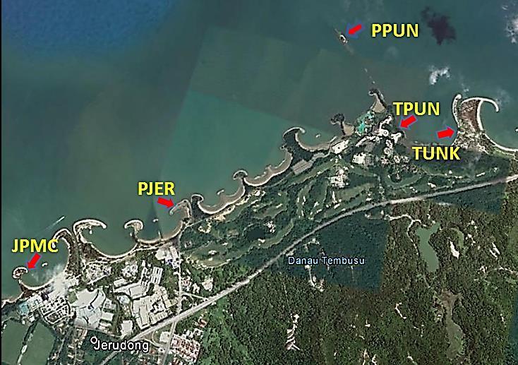 Pulau Punyit (PPUN), Tungku Punyit (TPUN), Pantai Tungku (TUNK), Pantai Jerudong (PJER) and Jerudong Park Medical Centre (JPMC) Agbayani et al.