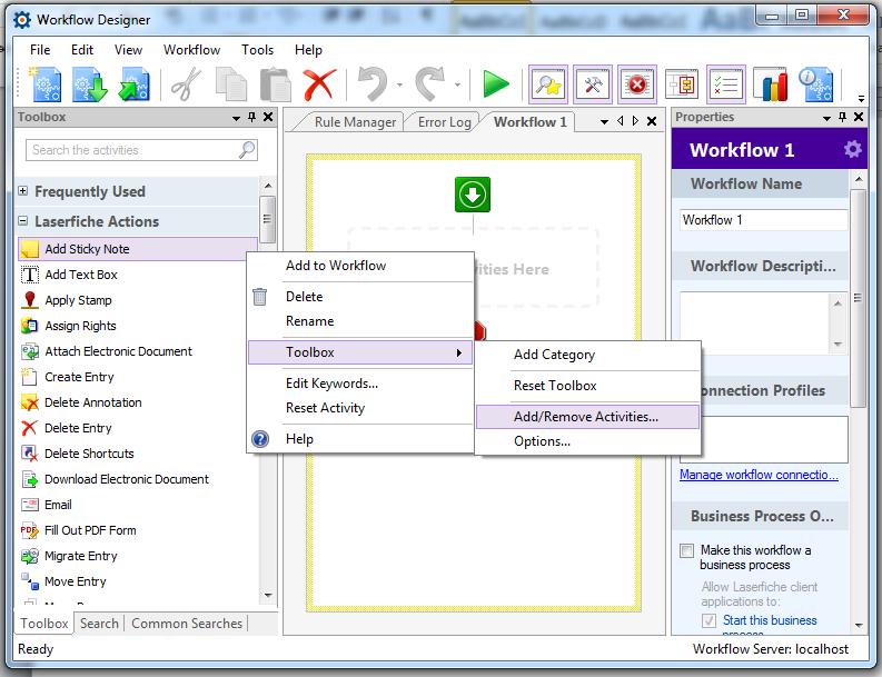 Registering the Custom Workflow Activity with the Workflow Designer Note: The custom workflow activity will need to be registered with each installed instance of the Workflow Designer.