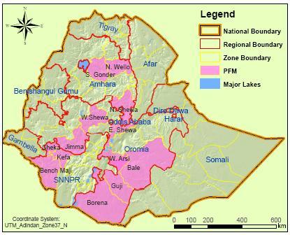 Location of PFM in Ethiopia PFM is present in at least 12 out of the 68 zones The current