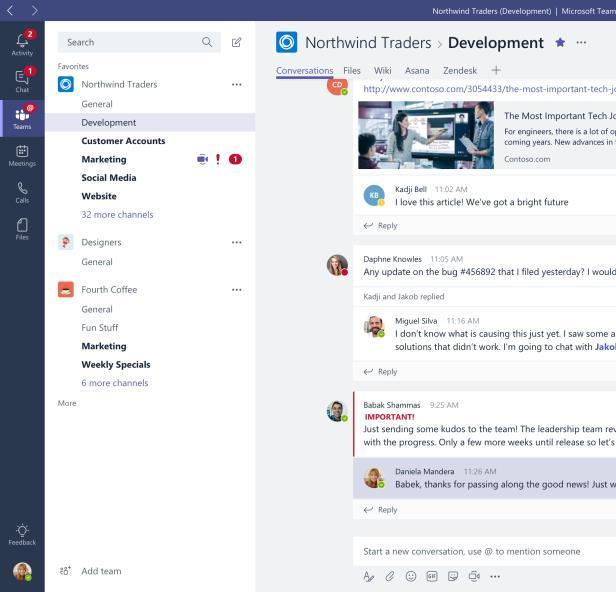 Teams Teams provides a team collaboration space including persistent chat, wiki and threaded chat capabilities.