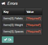 If not all data fields that are mandatory are populated then when the job is saved the errors button will appear at the bottom of the screen and apart from the items and pallets section the job