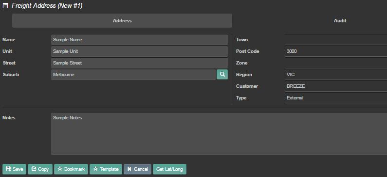 If the address you need does not exist in the system, use the button to create an new address record. Fill in the details and click Save to create the new address record.