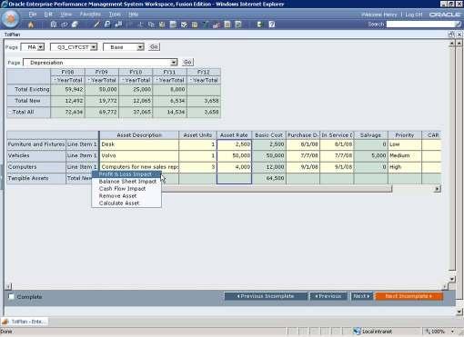 Oracle Hyperion Capital Asset Planning Assets and Depreciation Planning Packaged solution Customizable Plan for asset