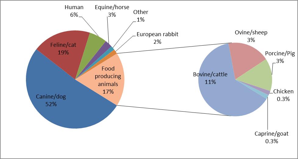 Relative number of adverse event reports per selected species (%) The largest portion of reports relates to pet animals however a different picture emerges when considering the number of animals