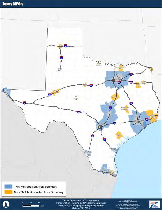 These MPO regions are outlined in Exhibit 1-2 below. Exhibit 1-2: Texas Metropolitan Planning Organizations Source: Association of Texas Metropolitan Planning Organizations 1.4.