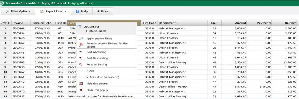 You can also query on specific values or change report sorting by clicking on the column header: Pinned