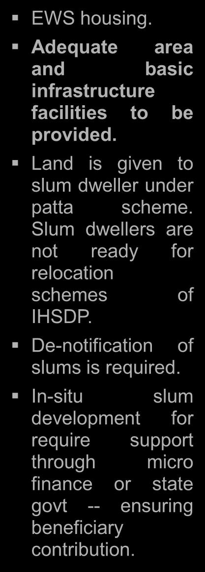 Land is given to slum dweller under patta scheme. Slum dwellers are not ready for relocation schemes of IHSDP.