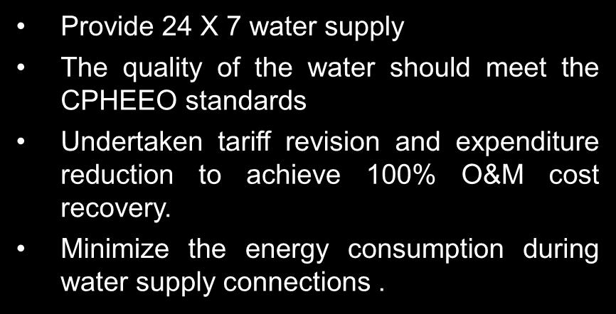 Water Supply Sector Sector Strategies Provide 24 X 7 water supply The quality of the water should meet the CPHEEO standards Undertaken tariff revision and expenditure reduction to achieve 100% O&M