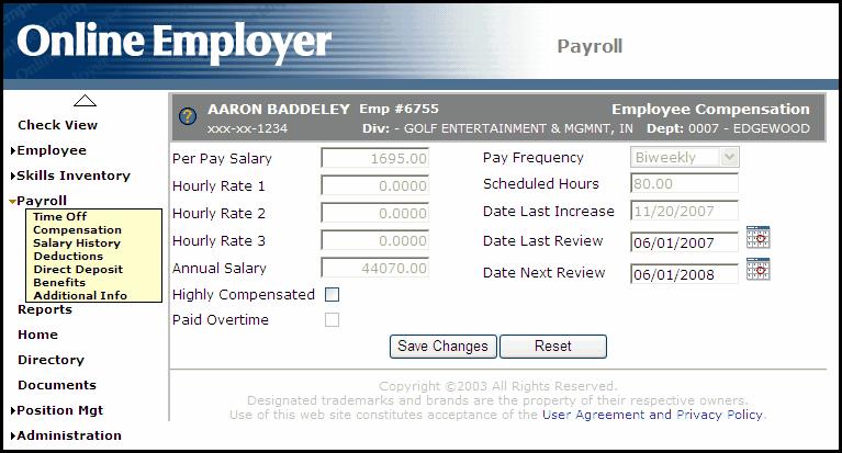 A display of employee information, primarily read only, relevant to wage compensation; A medium for entering or modifying several compensation related fields.