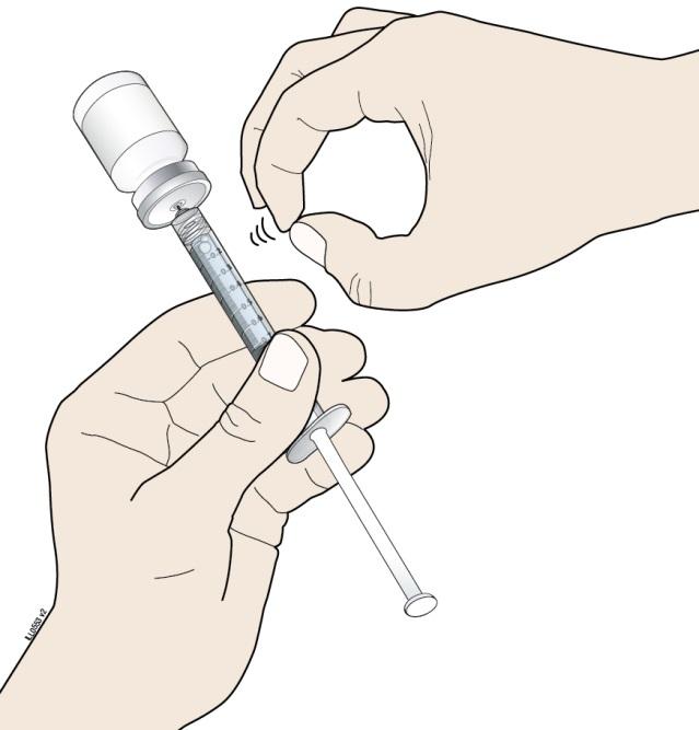 K Keep the needle in the vial and check for air bubbles in the syringe. If there are air bubbles, gently tap the syringe barrel with your finger until the air bubbles rise to the top.