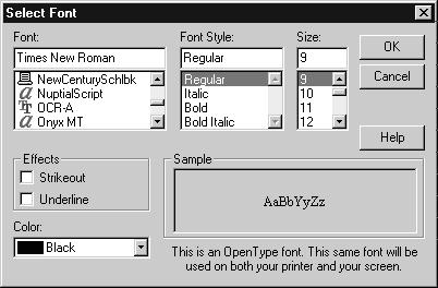 4 Choose the font you want. Note: Not all options are available for all fonts. Choose the font. Select one or both of these checkboxes to strikeout and underline text.