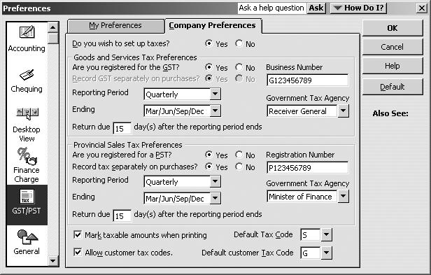 Setting up sales taxes Turning on the sales tax preference 1 From the Edit menu, select Preferences. 2 Select GST/PST from the scroll box, then click the Company Preferences tab.