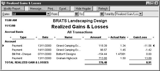 To print a realized gains and losses report: From the Reports menu, select Multicurrency, then Realized Gain and Loss. On reports, foreign balances are converted to the home currency.
