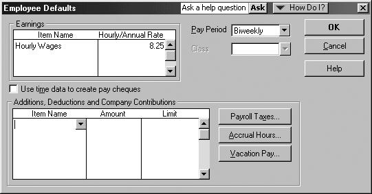 Entering standard employee information The employee defaults help you set up payroll for several employees quickly. You enter payroll information that most employees have in common.