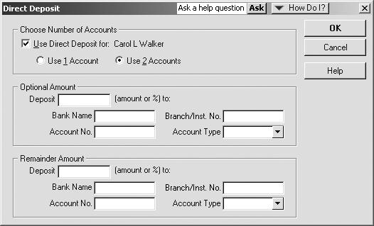 You can deposit an employee s pay cheque into two bank accounts; for example, a Chequing and a Savings account. This field identifies the employee s financial institution and branch.