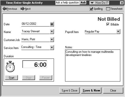 If you enter a lot of detailed notes about your activities or prefer to enter time data as you complete each activity, use the Time/Enter Single Activity window.