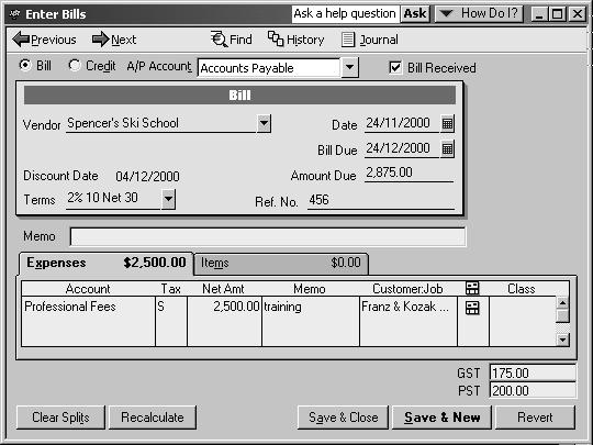 When you record a bill and then write a cheque (using the Pay Bills window) to pay for the business expense, QuickBooks enters transactions in your accounts payable register to show the expense you