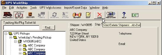Voiding Packages or Shipments Voiding a Shipment from the Shipping Window UPS WorldShip allows you to void shipments you have already processed but for which