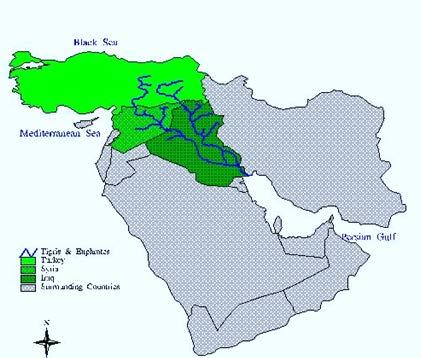 For example, Turkey the main headwater of the Euphrates and Tigris Rivers has much higher precipitation and less variability than neighboring Arab countries FACTS: 2700 kilometers long Begins in