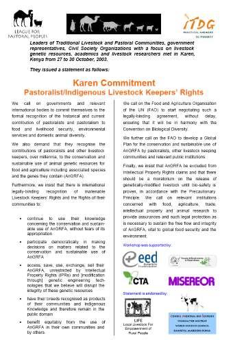 Livestock Keepers Rights Introduction of the term at the World Food Summit in June 2002, as equivalent of Farmers' Rights International