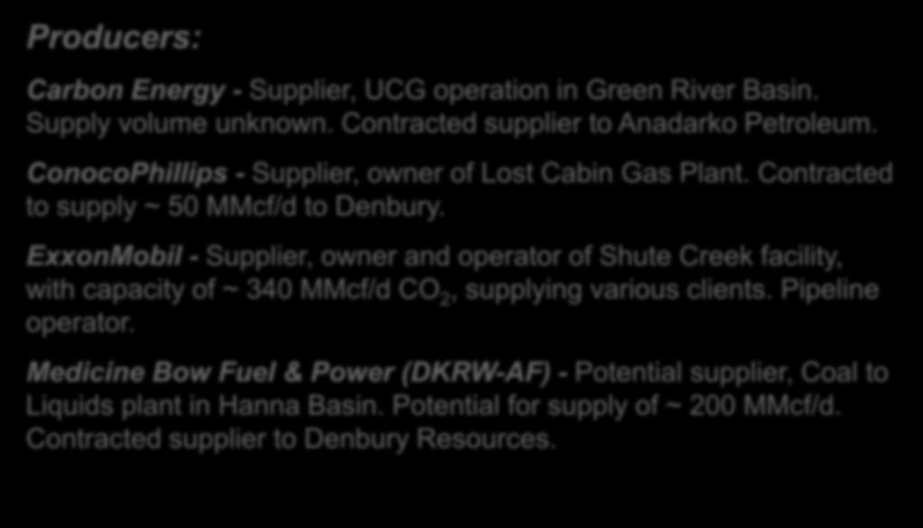 Market Participants Producers: Carbon Energy - Supplier, UCG operation in Green River Basin. Supply volume unknown. Contracted supplier to Anadarko Petroleum.