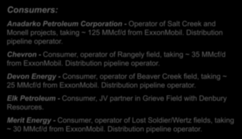 Market Participants Consumers: Anadarko Petroleum Corporation - Operator of Salt Creek and Monell projects, taking ~ 125 MMcf/d from ExxonMobil. Distribution pipeline operator.