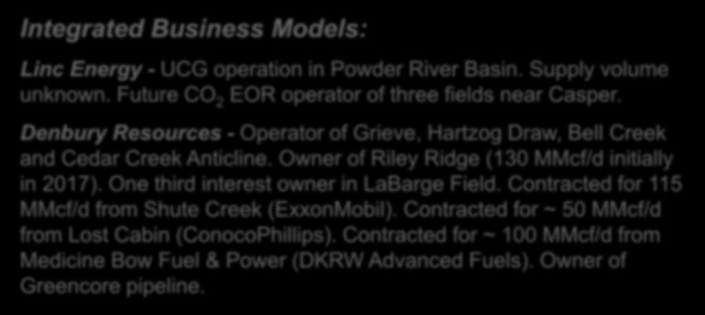 Market Participants Integrated Business Models: Linc Energy - UCG operation in Powder River Basin. Supply volume unknown. Future CO 2 EOR operator of three fields near Casper.